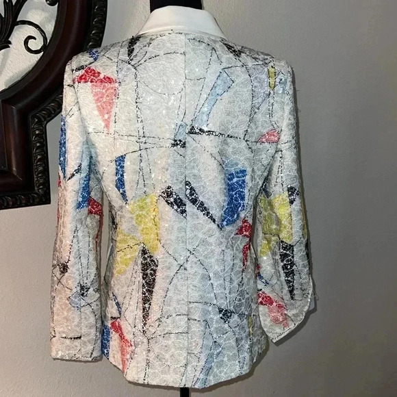 L'MOMO Women’s Abstract Sequin Lace Blazer with White Lapel Size 8 NWT - Picture 9 of 16
